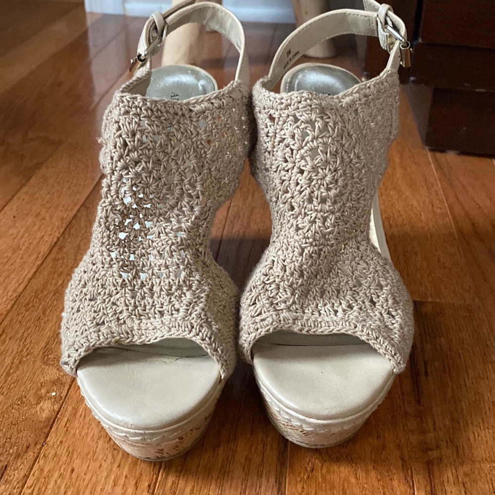 crochet nude wedge shoe